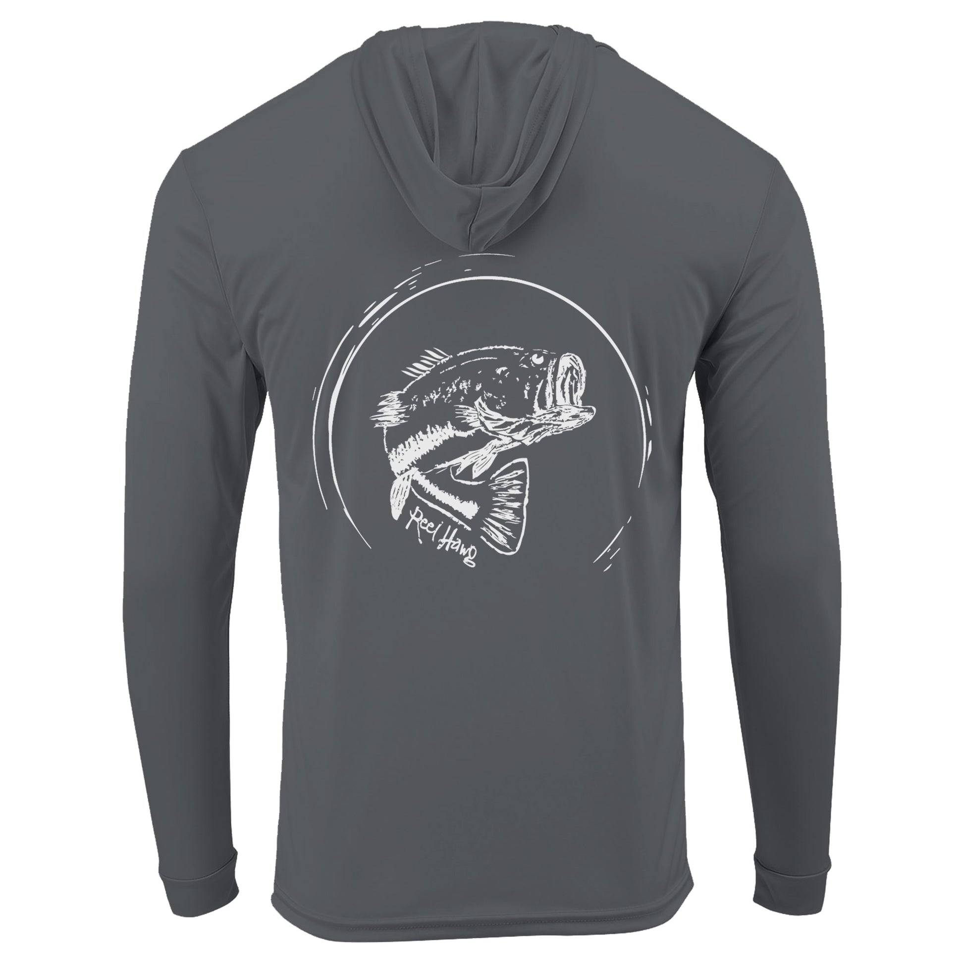 Reel Fishy "Reel Hawg" bass fishing dark gray long sleeve performance hoodie with 50+ UV protection