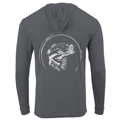 Reel Fishy "Reel Hawg" bass fishing dark gray long sleeve performance hoodie with 50+ UV protection