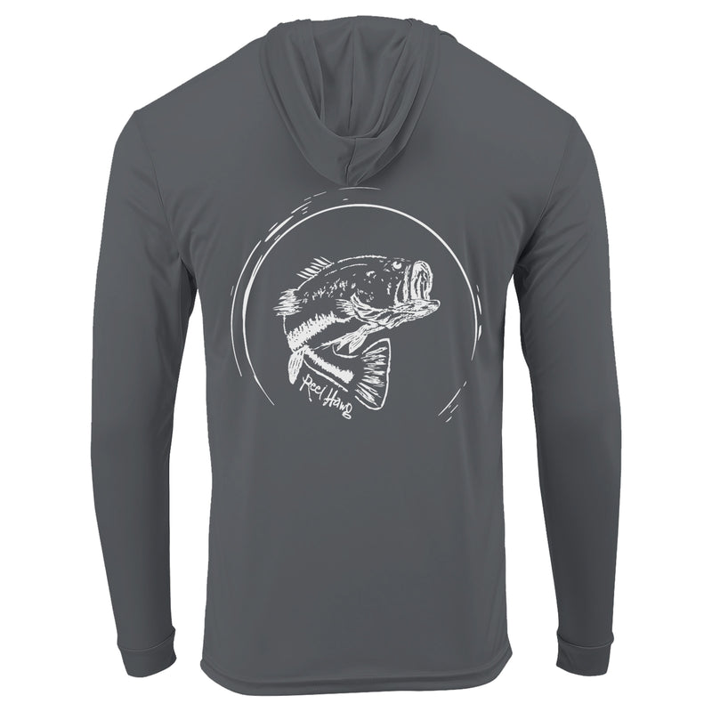 Reel Fishy "Reel Hawg" bass fishing dark gray long sleeve performance hoodie with 50+ UV protection
