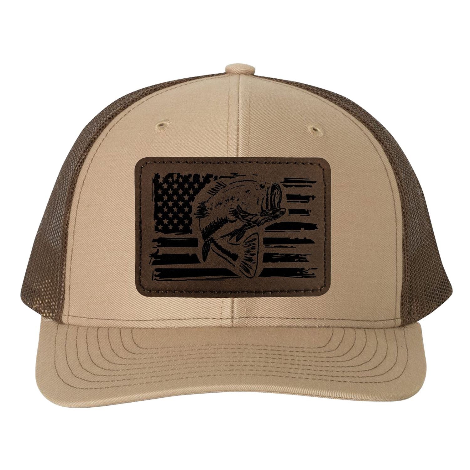 Reel Fishy Bass + American flag leather brown patch Richardson Khaki/Brown trucker hat