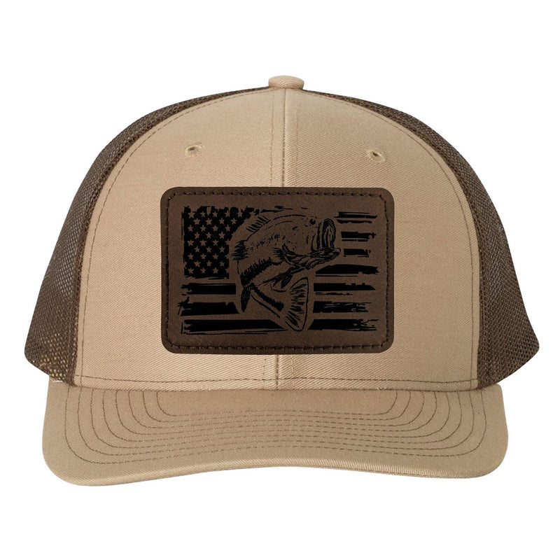 Reel Fishy Bass + American flag leather brown patch Richardson Khaki/Brown trucker hat