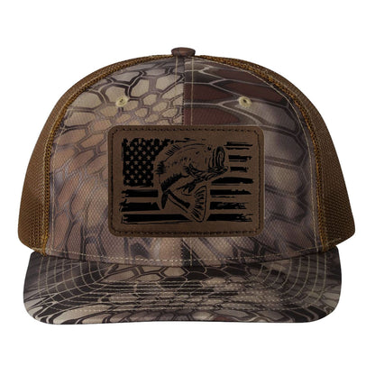 Reel Fishy Bass + American flag leather brown patch Richardson Kryptek Highland/Buck camo trucker hat