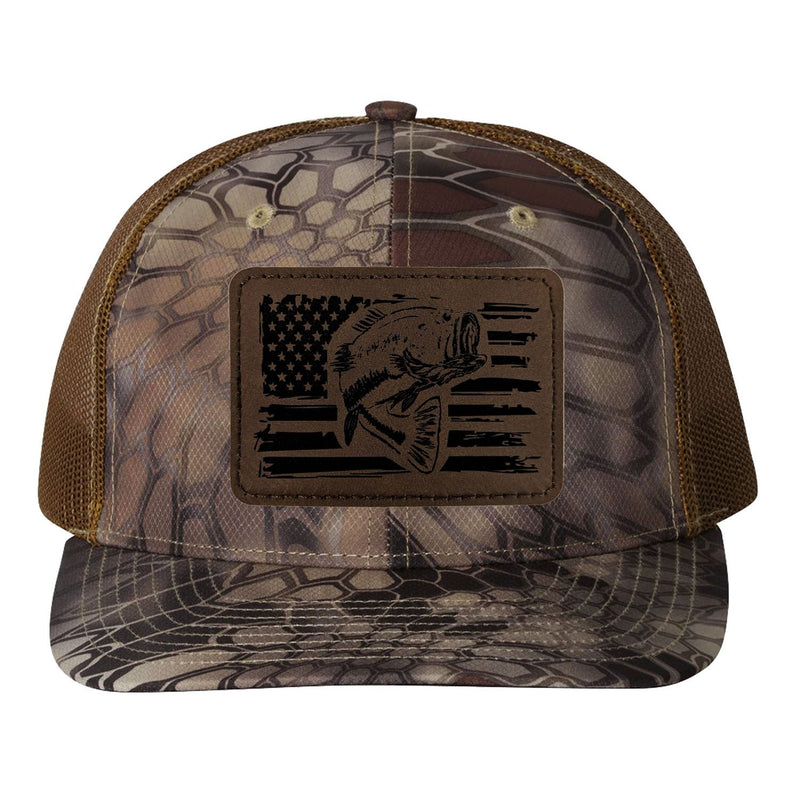 Reel Fishy Bass + American flag leather brown patch Richardson Kryptek Highland/Buck camo trucker hat