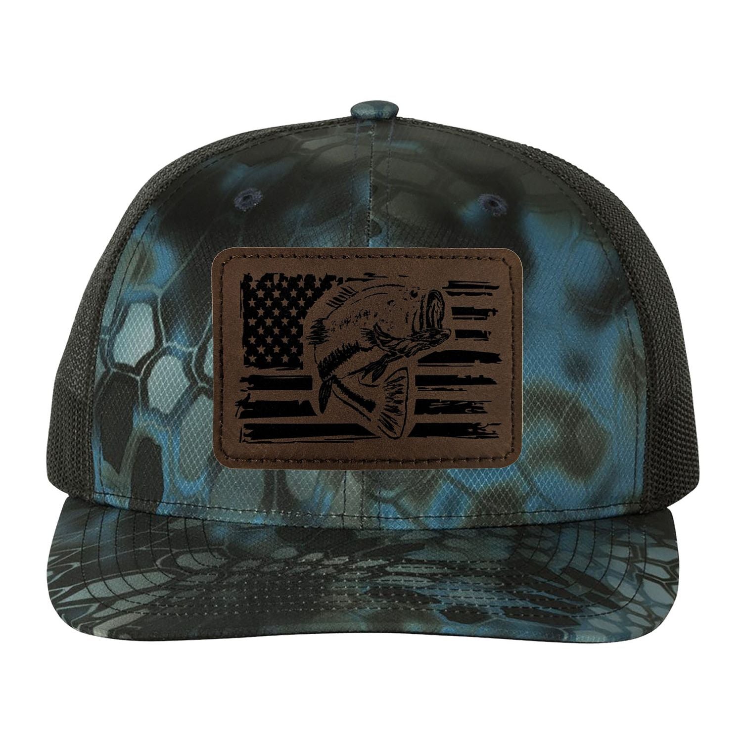 Reel Fishy Bass + American flag leather brown patch Richardson Kryptek Neptune/Black camo trucker hat
