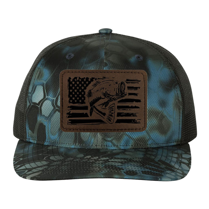 Reel Fishy Bass + American flag leather brown patch Richardson Kryptek Neptune/Black camo trucker hat