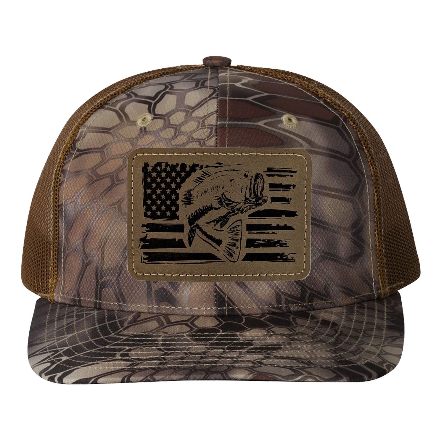 Reel Fishy Bass + American flag leather light brown patch Richardson Kryptek Highland/Buck camo trucker hat