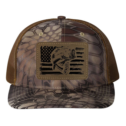 Reel Fishy Bass + American flag leather light brown patch Richardson Kryptek Highland/Buck camo trucker hat