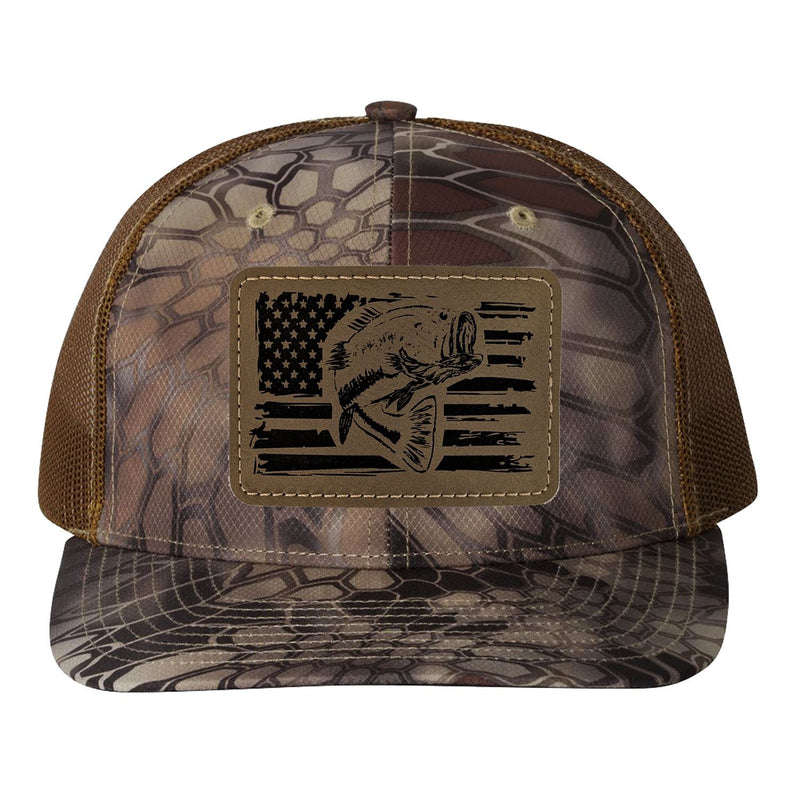 Reel Fishy Bass + American flag leather light brown patch Richardson Kryptek Highland/Buck camo trucker hat