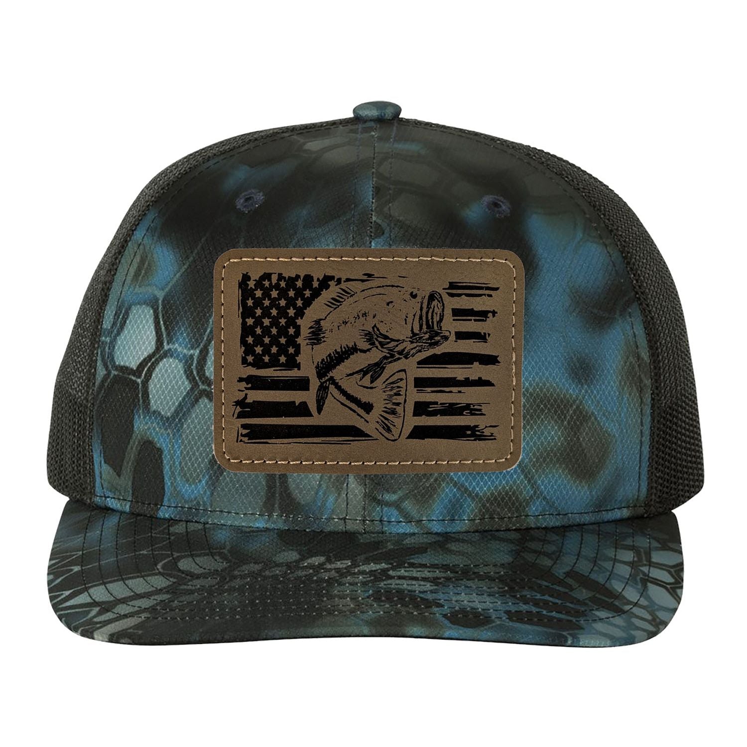 Reel Fishy Bass + American flag leather brown patch Richardson Kryptek Neptune/Black camo trucker hat