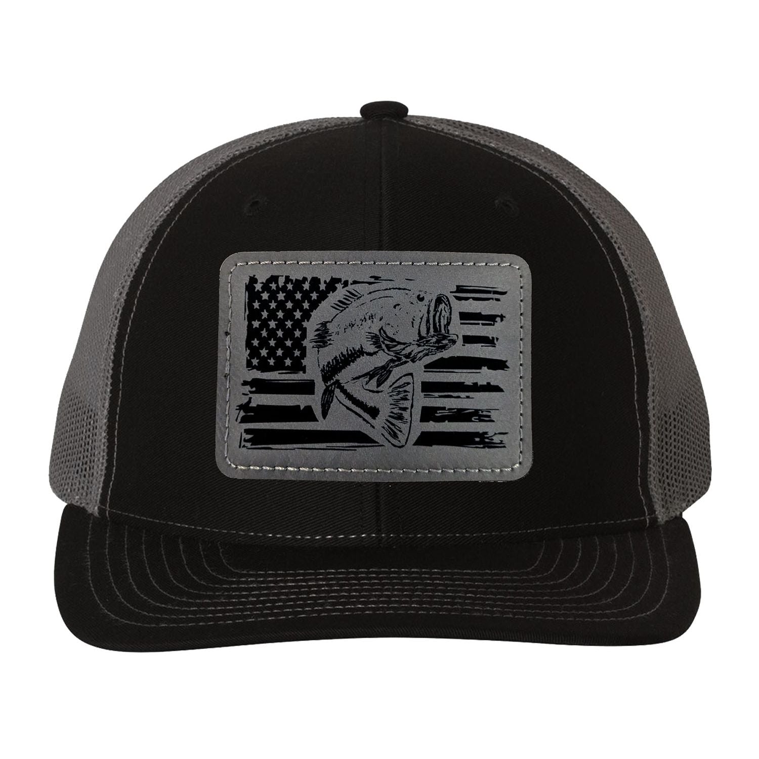 Reel Fishy Bass + American flag leather gray patch Richardson Black/Charcoal trucker hat