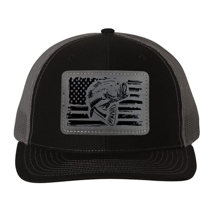 Reel Fishy Bass + American flag leather gray patch Richardson Black/Charcoal trucker hat