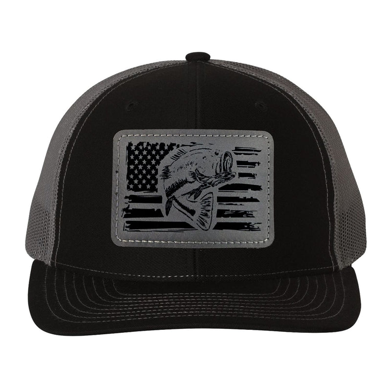 Reel Fishy Bass + American flag leather gray patch Richardson Black/Charcoal trucker hat