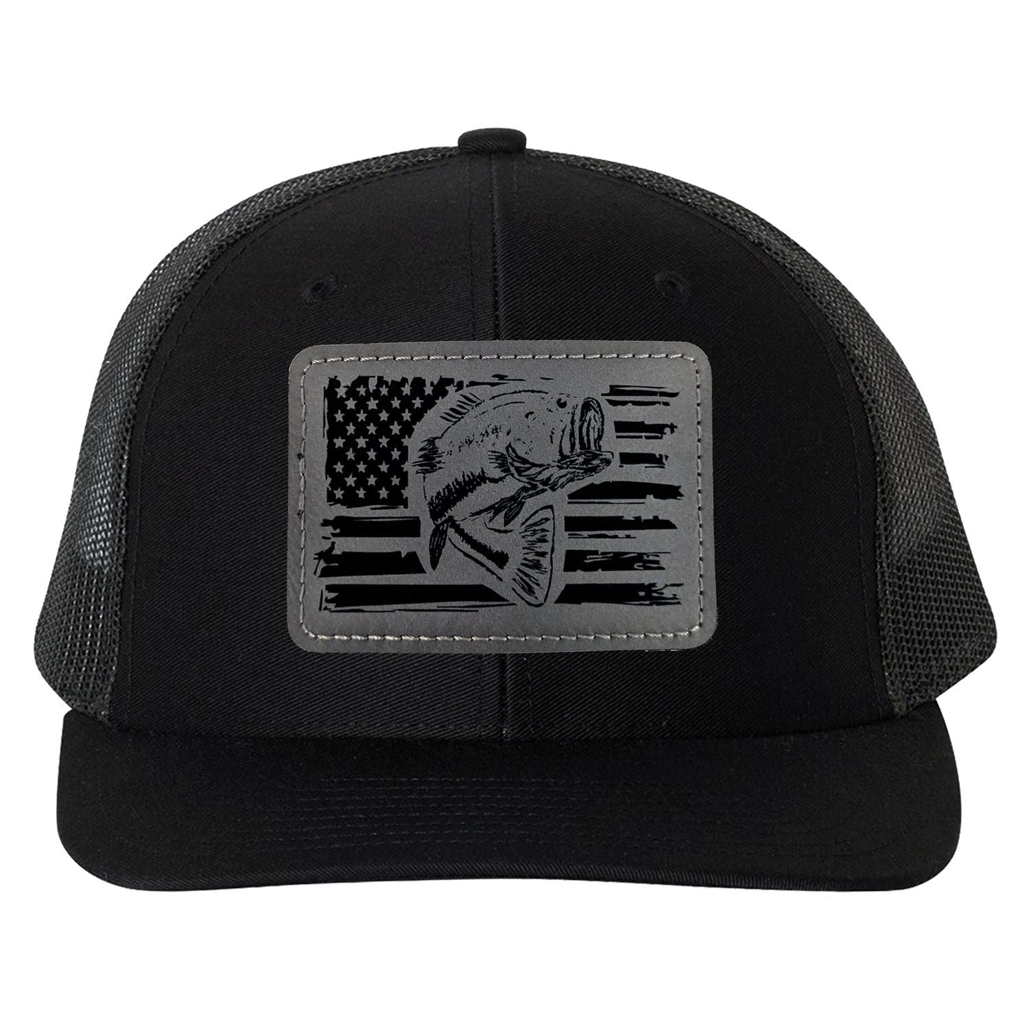 Reel Fishy Bass + American flag leather gray patch Richardson Black trucker hat