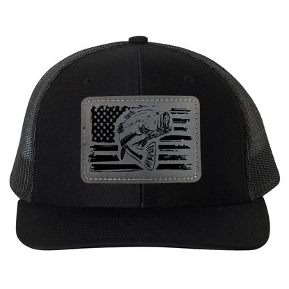 Reel Fishy Bass + American flag leather gray patch Richardson Black trucker hat