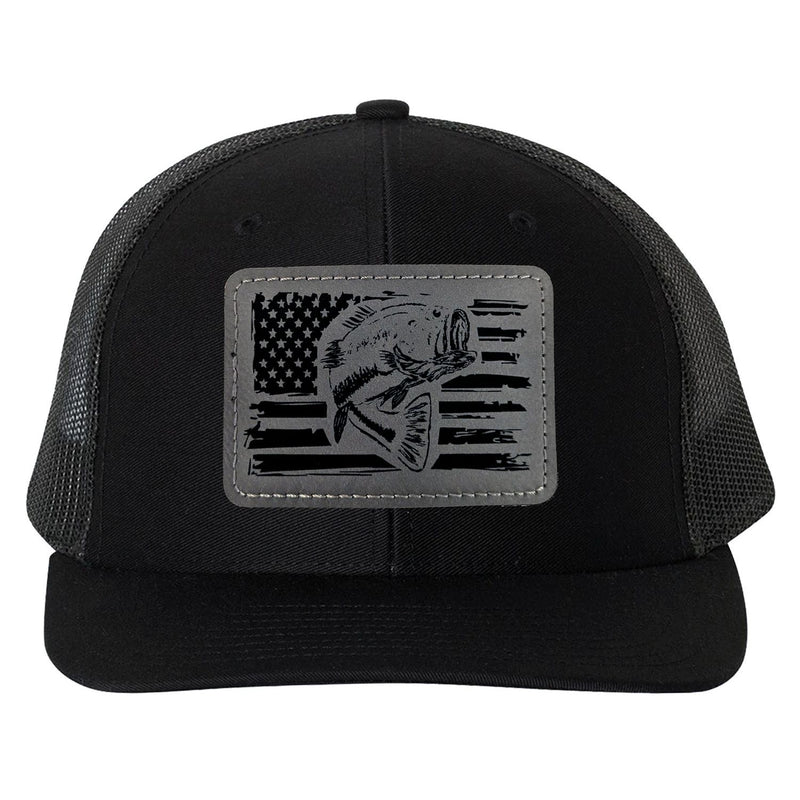 Reel Fishy Bass + American flag leather gray patch Richardson Black trucker hat