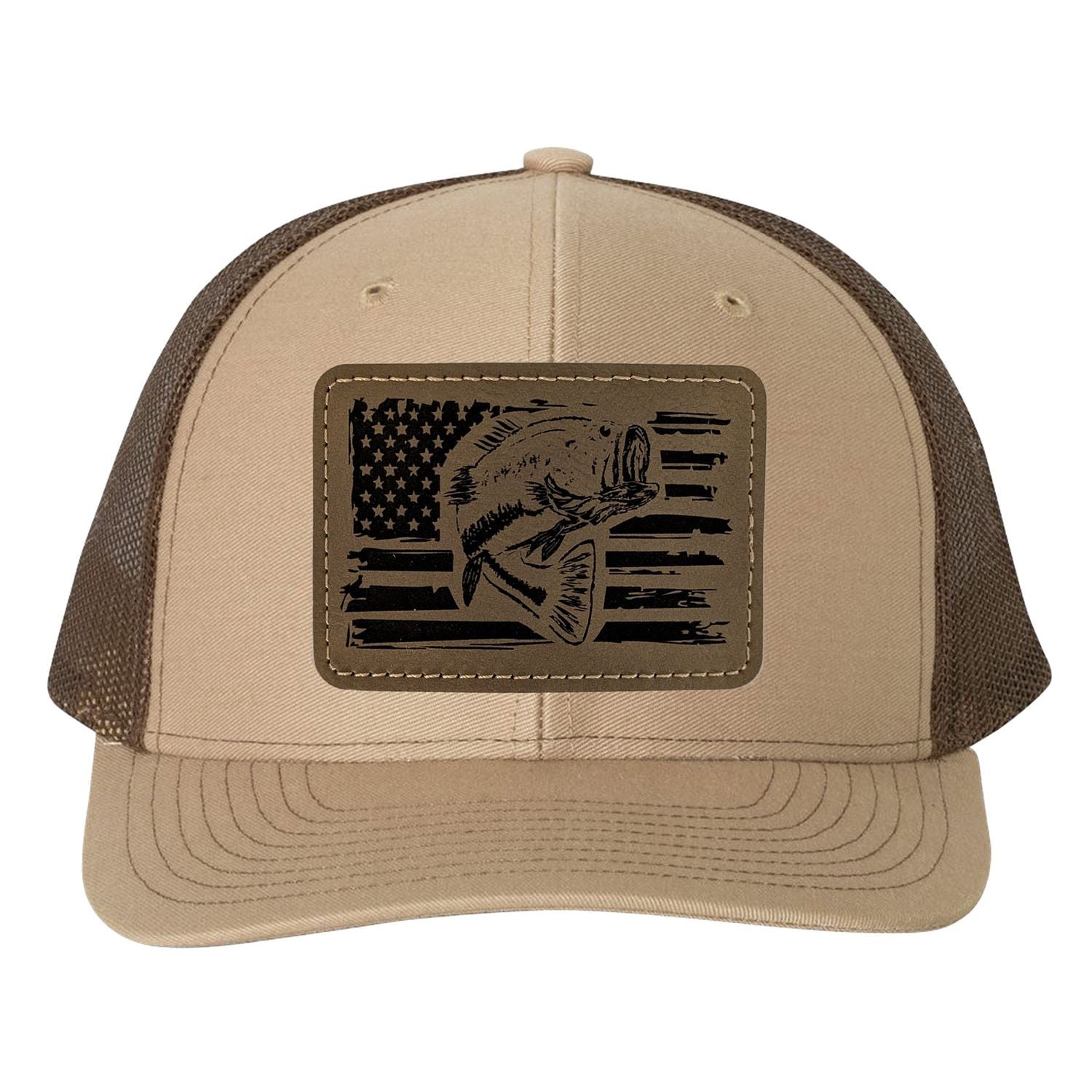 Reel Fishy Bass + American flag leather brown gray patch Richardson Khaki/Brown trucker hat