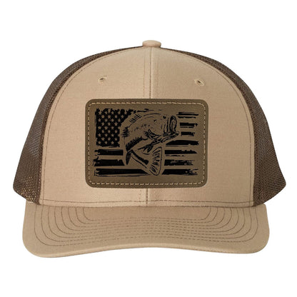 Reel Fishy Bass + American flag leather brown gray patch Richardson Khaki/Brown trucker hat