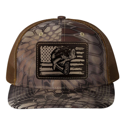 Reel Fishy Bass + American flag leather brown patch Richardson Kryptek Highland/Buck camo trucker hat
