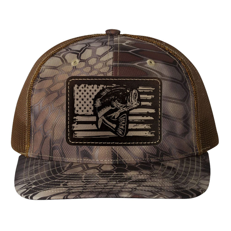Reel Fishy Bass + American flag leather brown patch Richardson Kryptek Highland/Buck camo trucker hat