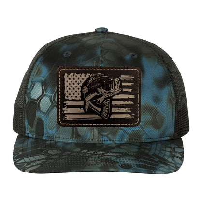 Reel Fishy Bass + American flag leather brown patch Richardson Kryptek Neptune/Black camo trucker hat