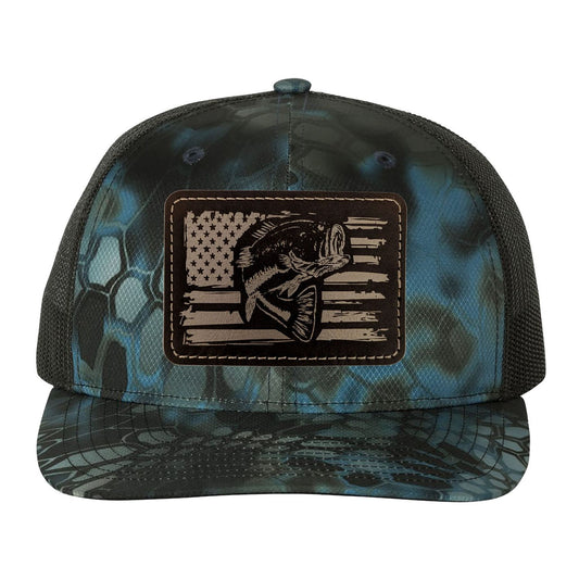 Reel Fishy Bass + American flag leather brown patch Richardson Kryptek Neptune/Black camo trucker hat