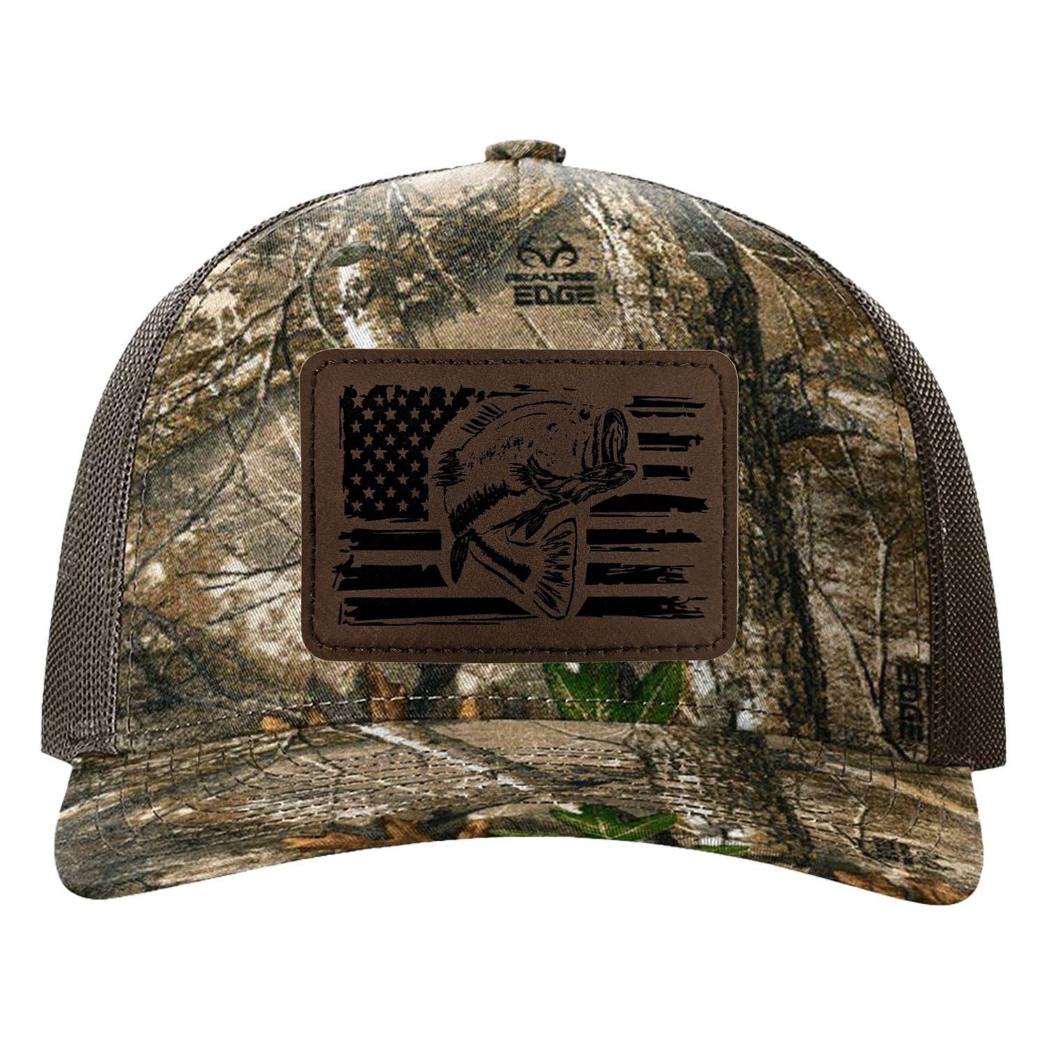 Reel Fishy Bass + American flag leather light brown patch Richardson Kryptek Realtree camo trucker hat