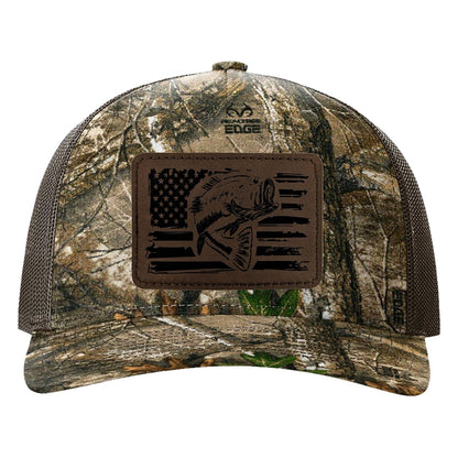 Reel Fishy Bass + American flag leather light brown patch Richardson Kryptek Realtree camo trucker hat