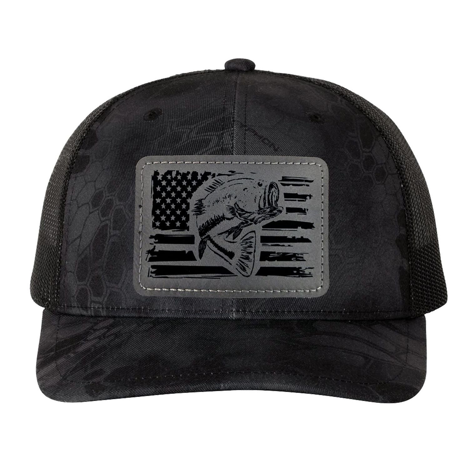 Reel Fishy Bass + American flag leather gray patch Richardson Kryptek Typhon/Black camo trucker hat