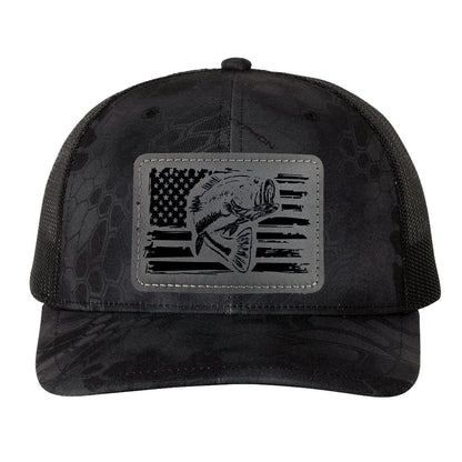 Reel Fishy Bass + American flag leather gray patch Richardson Kryptek Typhon/Black camo trucker hat