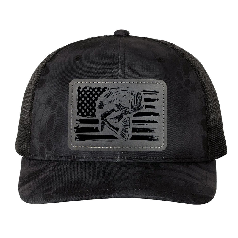 Reel Fishy Bass + American flag leather gray patch Richardson Kryptek Typhon/Black camo trucker hat