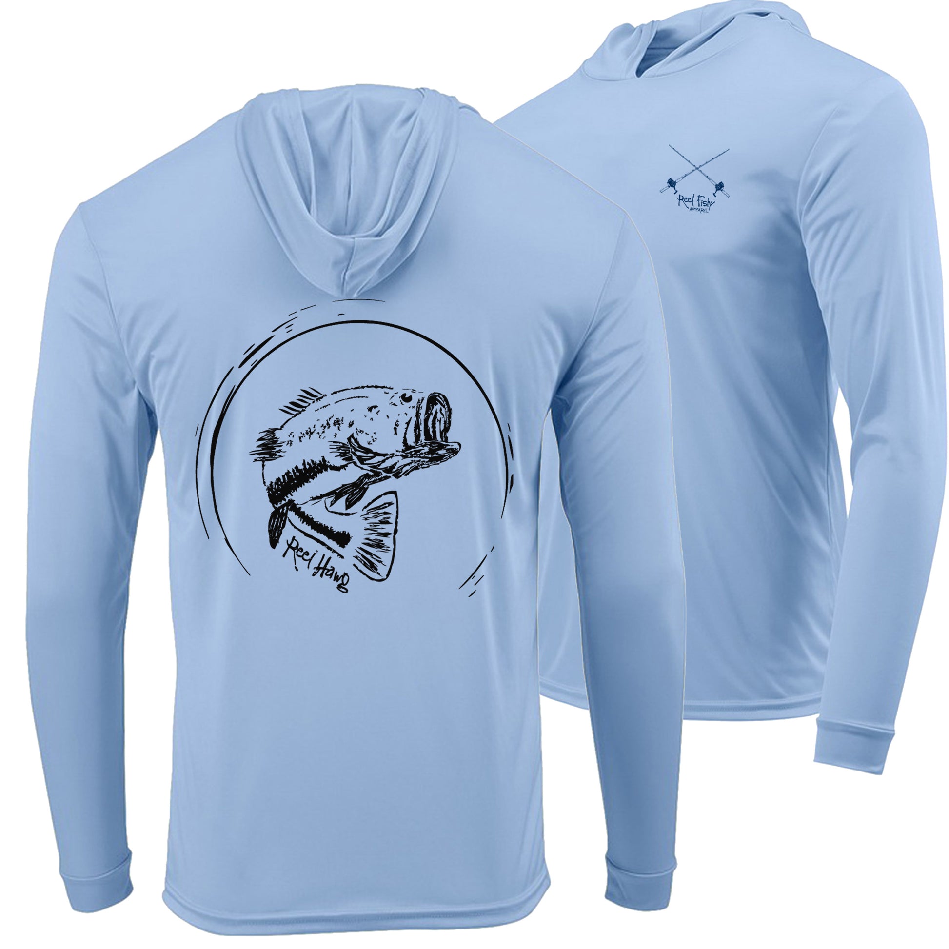 Bass "Reel Hawg" fishing light blue long sleeve performance hoodie with 50+ UV protection. Reel Fishy salt rods logo on the front.