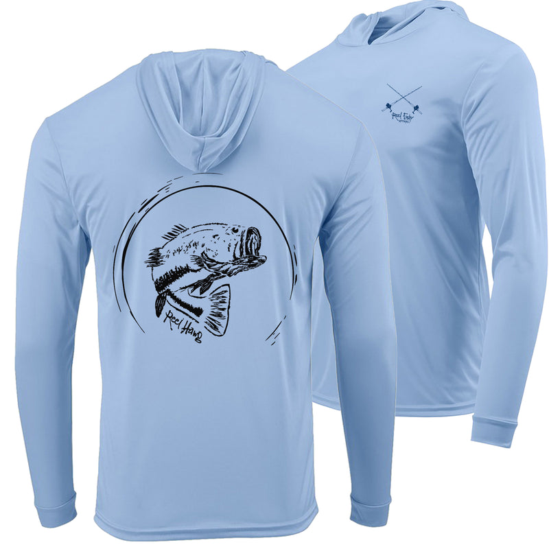 Bass "Reel Hawg" fishing light blue long sleeve performance hoodie with 50+ UV protection. Reel Fishy salt rods logo on the front.