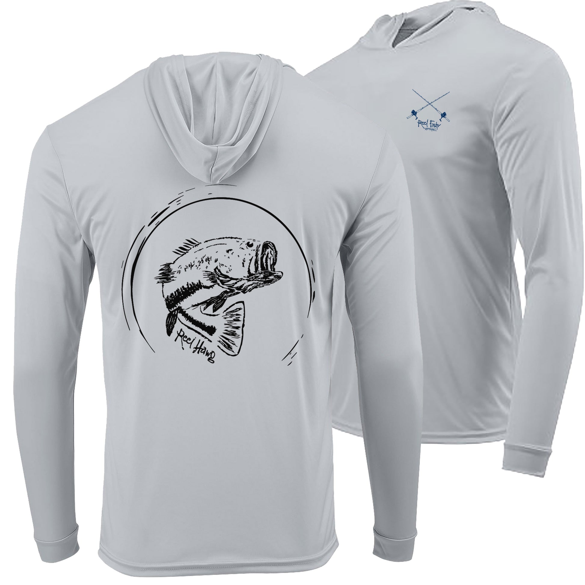 Reel Fishy "Reel Hawg" bass fishing light gray long sleeve performance hoodie with 50+ UV protection.  Reel Fishy salt rods logo on the front.