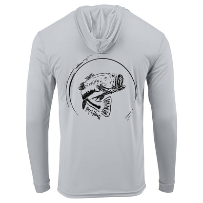 Reel Fishy "Reel Hawg" bass fishing light gray long sleeve performance hoodie with 50+ UV protection