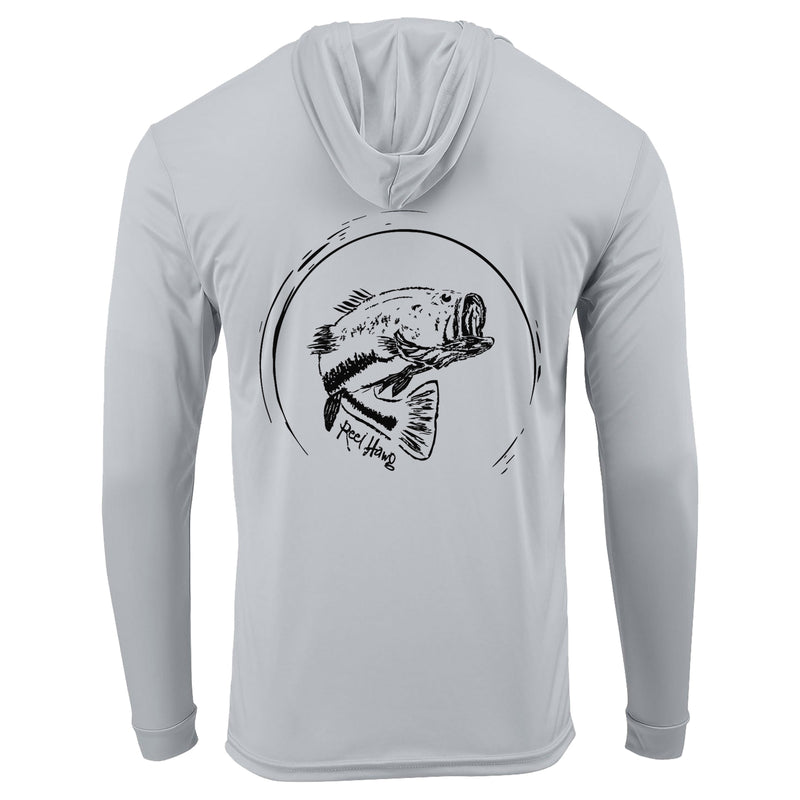 Reel Fishy "Reel Hawg" bass fishing light gray long sleeve performance hoodie with 50+ UV protection