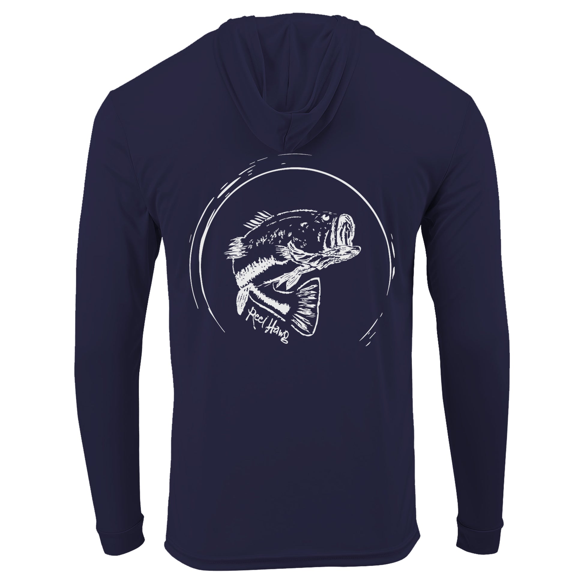 Reel Fishy "Reel Hawg" bass fishing navy long sleeve performance hoodie with 50+ UV protection
