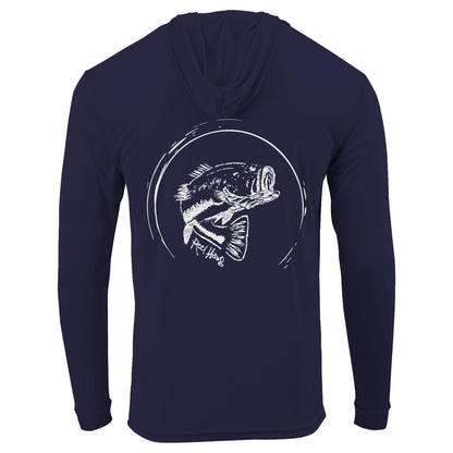 Reel Fishy "Reel Hawg" bass fishing navy long sleeve performance hoodie with 50+ UV protection
