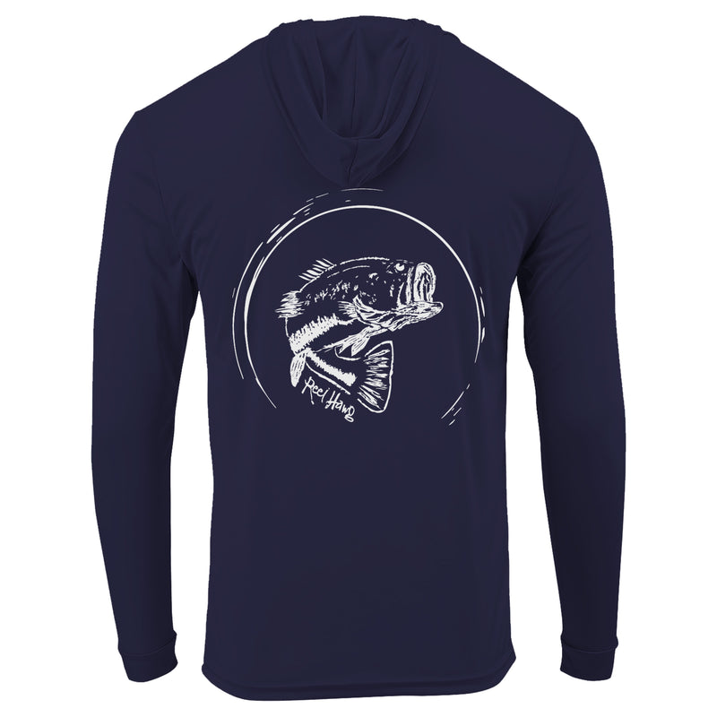 Reel Fishy "Reel Hawg" bass fishing navy long sleeve performance hoodie with 50+ UV protection