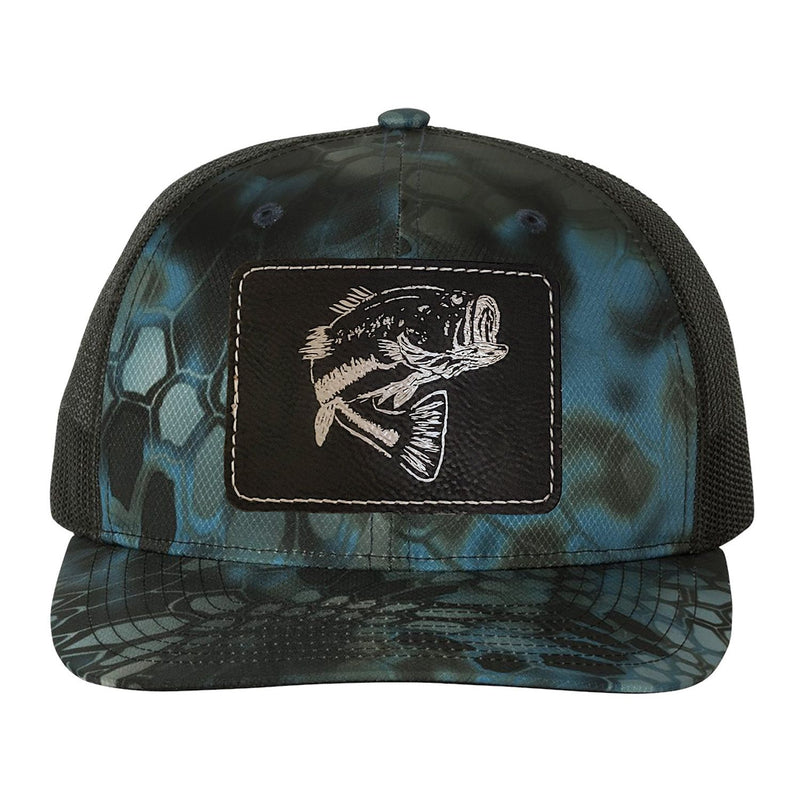 Reel Fishy Bass leather black patch Richardson Kryptek Neptune/Black camo trucker hat