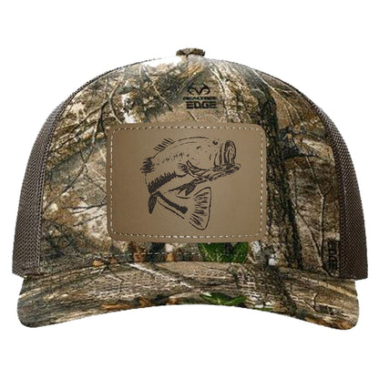 Reel Fishy Bass leather black patch Richardson Kryptek Realtree camo trucker hat