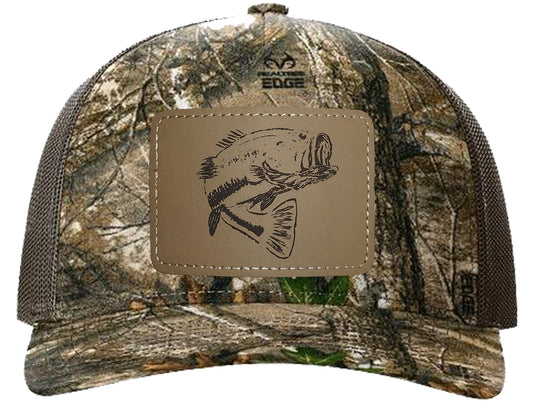 Reel Fishy Bass leather black patch Richardson Kryptek Realtree camo trucker hat