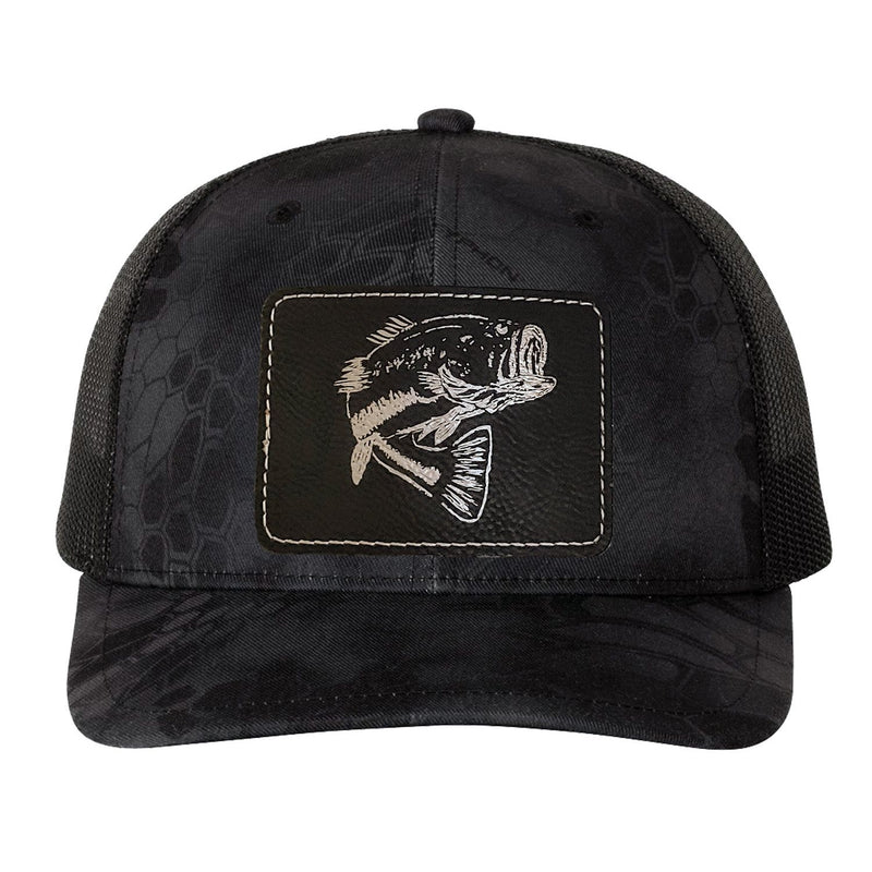 Reel Fishy Bass leather black patch Richardson Kryptek Typhon/Black camo trucker hat