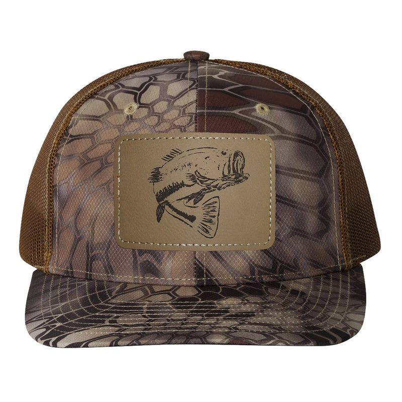 Reel Fishy Bass leather light brown patch Richardson Kryptek Highland Buck camo trucker hat