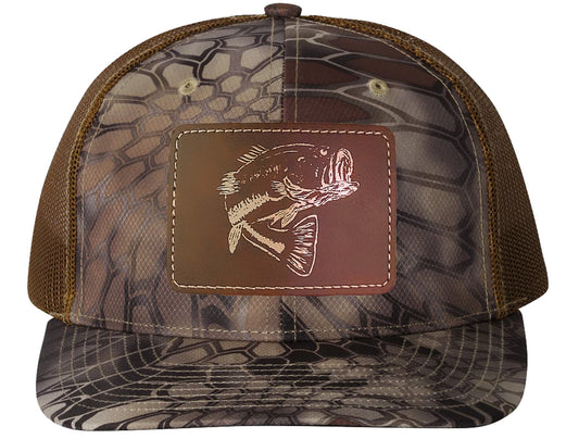 Reel Fishy Bass leather brown patch Richardson Kryptek Highland Buck camo trucker hat
