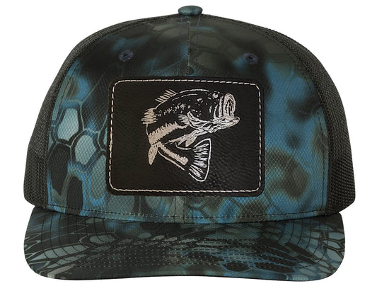 Reel Fishy Bass leather black patch Richardson Kryptek Neptune/Black camo trucker hat