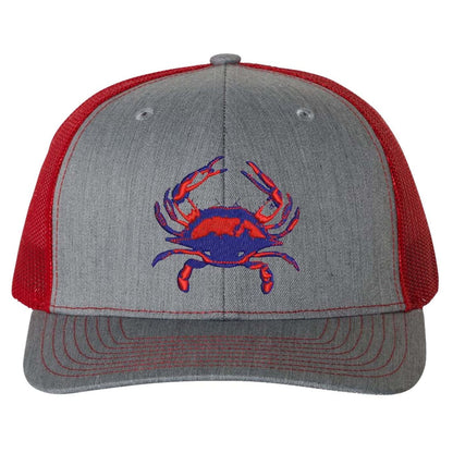 Blue Crab Heather Gray and Red Mesh Structured Trucker Hat with Snapback