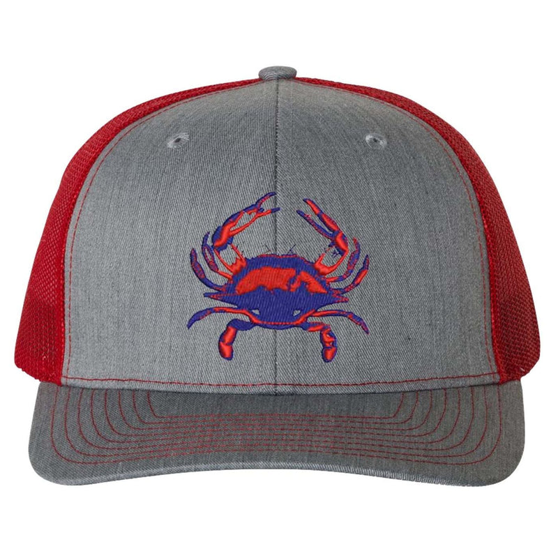 Blue Crab Heather Gray and Red Mesh Structured Trucker Hat with Snapback