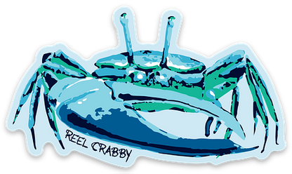 Reel Fishy fiddler crab sticker with 'Reel Crabby' text