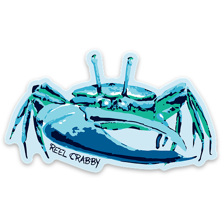 Reel Fishy fiddler crab sticker with 'Reel Crabby' text