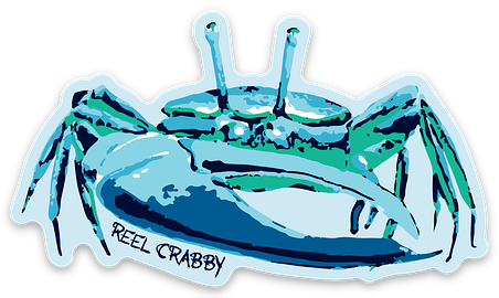 Reel Fishy fiddler crab sticker with 'Reel Crabby' text